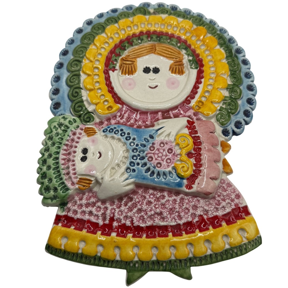 VTG Gensini Italy Ceramiche Art Pottery Wall Plaque Handmade Maiden Girl & Child